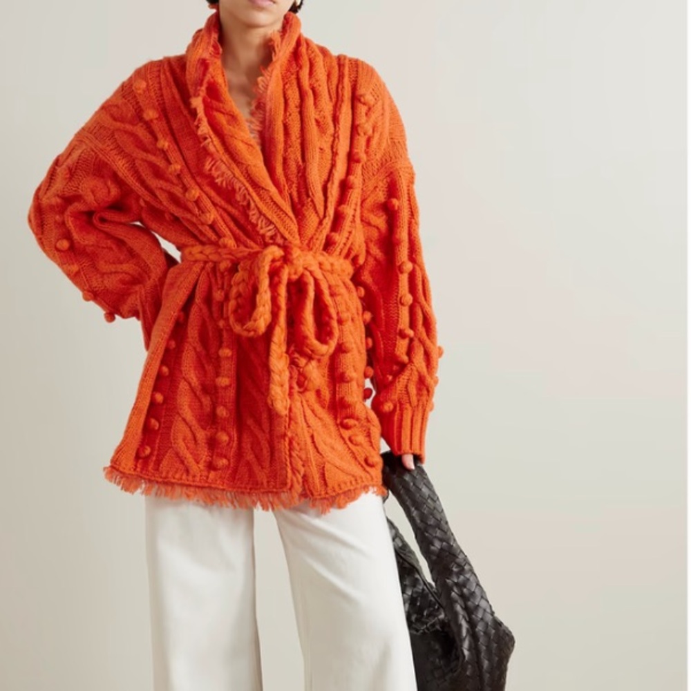 NEW FARM Rio Oversized Orange Braided Knit Cardigan Sweater Belt Cable-Knit XS
